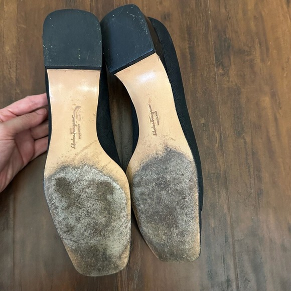 SALVATORE FERRAGAMO Slip-On Square Toe Pump Heels in Black Check Cloth - Picture 11 of 12